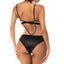 Back view of a model wearing a black and nude mesh bodysuit with bikini-cut rear bottoms.