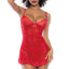 A model wears a ruffled red babydoll with a red waistband and underwired cups. 