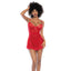 A model wears a red sheer mesh babydoll with a ruffled mid-thigh hem. 