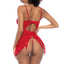 Back view of a model wearing a sheer red babydoll with a triangular rear to expose your buns. 