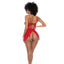 Back view of a model wearing a sheer red babydoll with a waist tie back. 