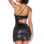 Back view of a model wearing a matte black wet-look dress with dual adjustable sliders on the one-shoulder straps. 