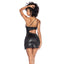 Back view of a model wearing a matte black wet-look short dress with a waist cut-out. 