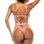 Back view of a model wearing a floral mesh gartered bodysuit with high-cut Brazilian bottoms.