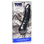 A box by Master Series stands on a white backdrop featuring a black silicone inflatable dildo on it. 