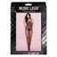 A box by Music Legs stands against a white backdrop with a model on it wearing a swirl fishnet bodystocking on it.