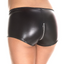 Back view of a model wear a pair of wet look black zip up shorts with a boyshort-cut rear.