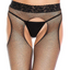 A model wears a fishnet weave lace crotchless suspender pantyhose with a scalloped lace trim around the waistband.