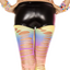 Back view of a model wearing a pair of ripped rainbow stirrup leggings with a laddering effect.