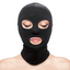 A model wears an open eyes and mouth bondage hood in black nylon fabric. 