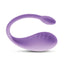 A purple app compatible g-spot egg vibrator stands on a white backdrop with a ribbed, bulbous head. 