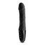 A black silicone vibrator stands on a white backdrop with a realistic phallic head shape. 