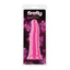 A clear package by NS Novelties stands against a white backdrop with a pink ribbed glow in the dark dildo in it.