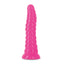 A pink glow in the dark dildo stands on a white backdrop with a ribbed shaft.