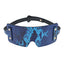 A blue holographic snake print faux leather blindfold sits on a white backdrop with a large square design and contoured nose. 