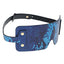 A blue holographic snake print faux leather blindfold with adjustable gold push-stud closures sits on a white backdrop.