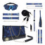 A BDSM bag in blue snake print includes a blindfold, ankle cuffs, wrist cuffs, collar & leash, bullet, flogger, ball gag and restraints. 