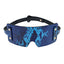 A blue snake print holographic eye mask blindfold with gold studs sits on a white backdrop. 