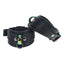 A pair of black rainbow neochrome wrist cuffs with thick metal plates and  secure O-rings. 