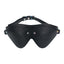 A black faux leather rainbow neochrome blindfold with a triangular shape and a contoured nose slot. 