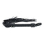 A black faux leather flogger lays on a white backdrop with neochrome metal hardware. 