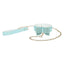 A holographic faux leather collar & leash lays flat with iridescent aqua material & bowtie detail studded with diamantes. 