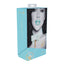 A box by Ouch stands against a white backdrop with a model on it wearing an aqua holographic faux leather collar & leash.