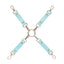 An aqua holographic faux leather hog-tie connectors lays flat on a white backdrop with gold spring hooks. 