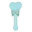 A aqua holographic faux leather heart shape paddle with bowtie detail lays flat on a white backdrop. 