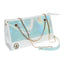 An aqua and white holographic BDSM bag by Ouch sits on a white backdrop with a gold chain handles.