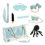 A BDSM bag in a aqua holographic print includes a blindfold, ankle cuffs, wrist cuffs, collar & leash, bullet, flogger, ball gag and restraints. 