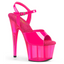 A neon reactive UV platform sandal featuring a 7 inch stiletto heel with ankle straps and adjustable buckle. 