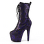 Side view of a 7 inch purple and black snake print platform stiletto boot showcasing a curved toebox.