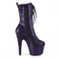 A 7 inch purple and black snakeskin stiletto platform heel with a full-length inner zip. 