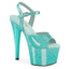 A 7 inch aqua glittery stiletto platform with a solid one-piece base stands against a white backdrop. 