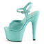 Side view of a 7 inch shimmery aqua platform sandal showcasing its open curved toe box. 