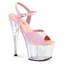 A holographic baby pink stiletto platform sandal with an iridescent transparent 7 inch heel and solid one-piece base.