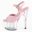 Side view of a baby pink holographic platform sandal with a soft cushion insole. 