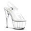 A 7 inch stiletto platform sandal with a see-through upper and platform heel stands against a white backdrop.