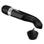 A black ergonomic wand massager showcases its charging cord point on the bottom of the base. 