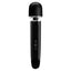 A black cordless ergonomic curved wand massager with its power buttons on the front handle. 