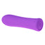 A mini purple silicone bullet vibrator lays flat on a white backdrop showcasing its power button on the base. 