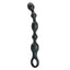 Black vibrating flexible anal beads with a ring handle stands against a white backdrop. 