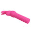 A pink silicone rabbit vibrator lays flat against a white backdrop showcasing its single-push power button on the base. 