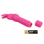 A mini pink rabbit vibrator lays flat with its base open for a AA battery to fit inside. 