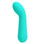 An aqua silicone g-spot vibrator with a bulbous head on top of a flexible curved shaft.