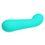 Back view of an aqua coloured silicone g-spot vibrator showcasing its charging point.  