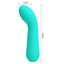 An aqua coloured silicone g-spot vibrator stands next to its measurements. 