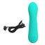 An aqua coloured silicone g-spot vibrator stands next to its USB charging cord. 