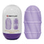 A Pretty love double-sided textured egg stroker in purple stands next to its packaging,. 